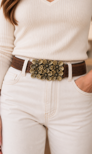 Cinturon Cuero Chocolate Flores