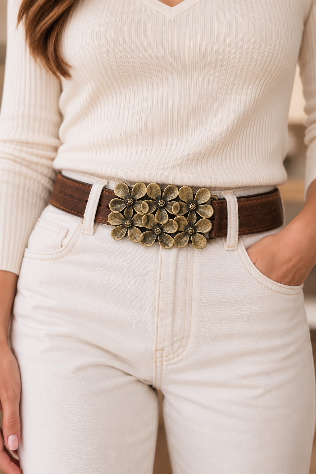 Cinturon Cuero Chocolate Flores