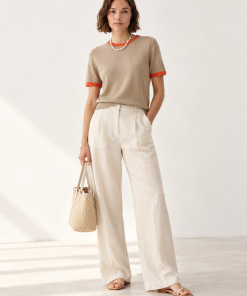 Polera Bordes Contratono Beige con Naranja