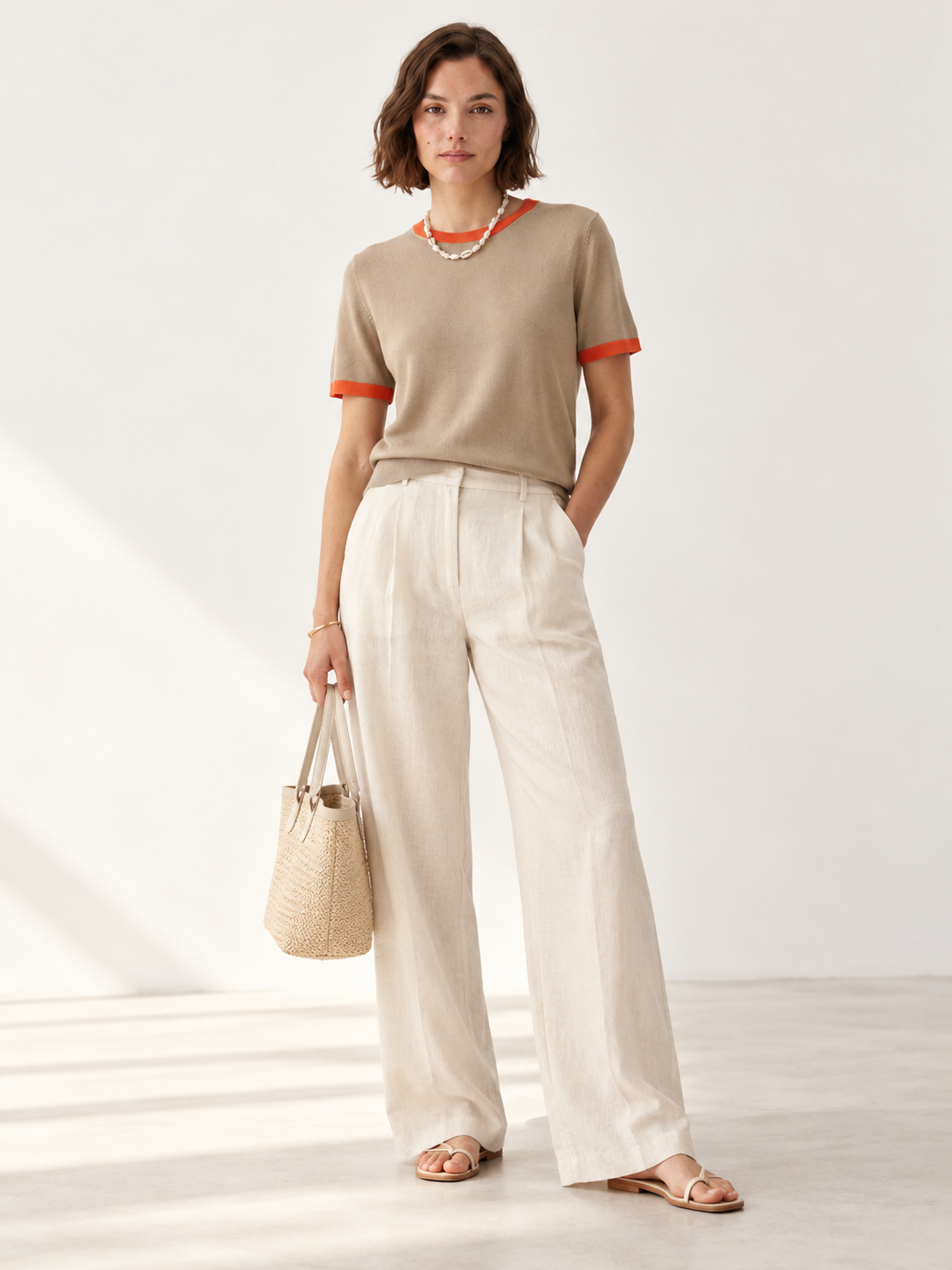 Polera Bordes Contratono Beige con Naranja