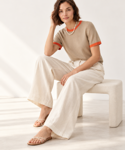 Polera Bordes Contratono Beige con Naranja