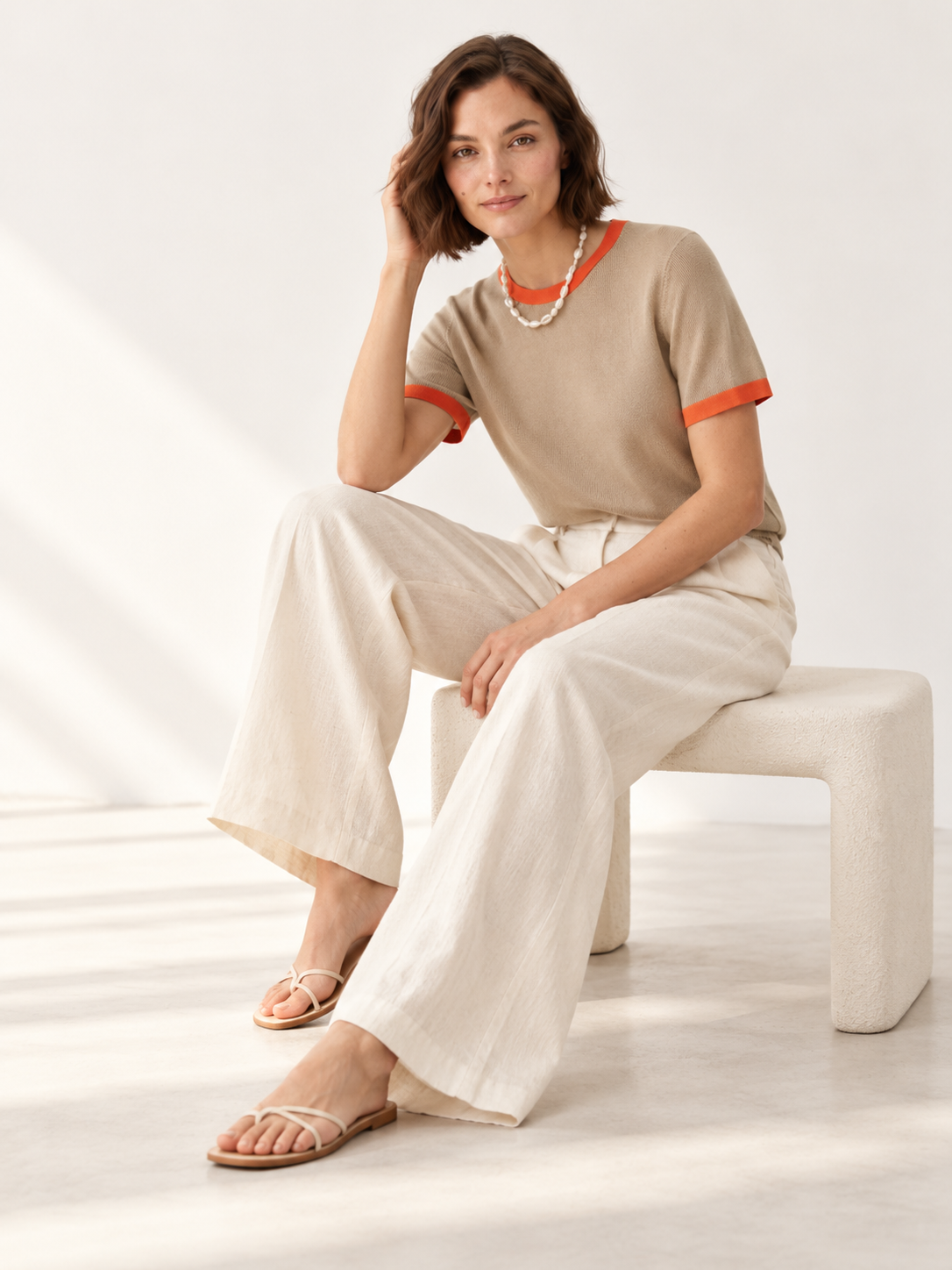 Polera Bordes Contratono Beige con Naranja