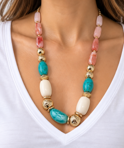 Collar Turquesa, Rosa y Dorado