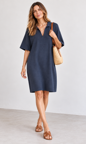 Vestido Cuello en V Azul Marino
