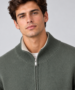 Sweater con Cierre y Cuello Bicolor Cemento