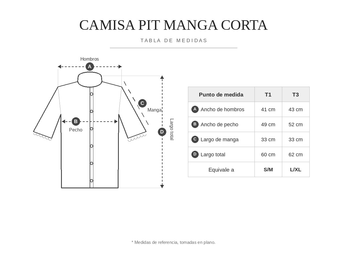 Tabla de medidas Camisa Pit Manga Corta
