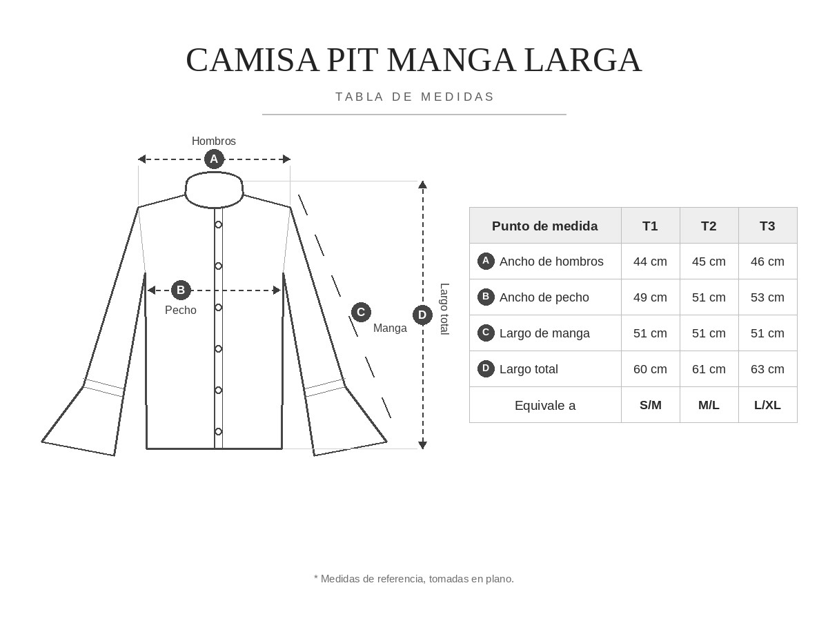 Tabla de medidas Camisa Pit Manga Larga